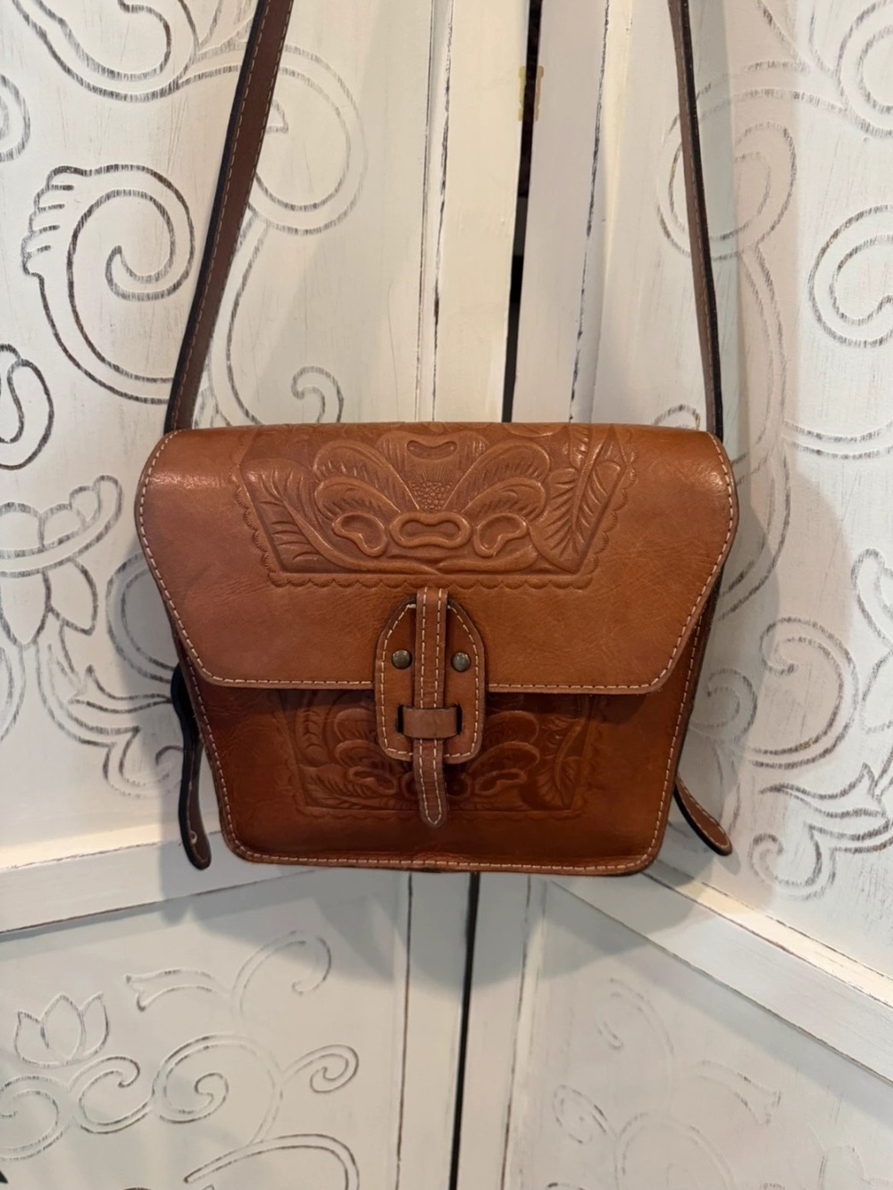 Patricia Nash Tan Tooled Leather Crossbody Bag